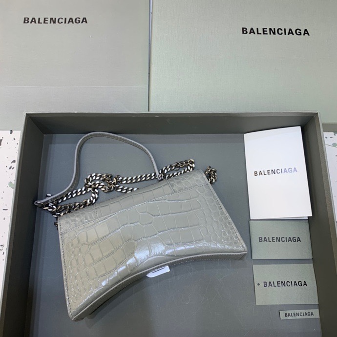 Balenciaga Big Hourglass Wallet With Chain Crocodile Embossed Shoulder Bag Gray